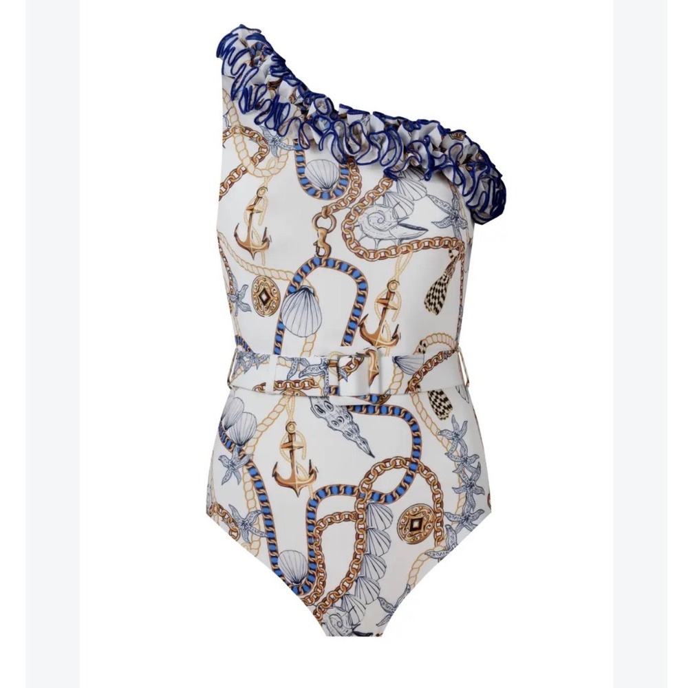 Nur Karaata Alexis Tropezienne 1 Shoulder Ruffle Nautical Swimsuit White Blue S